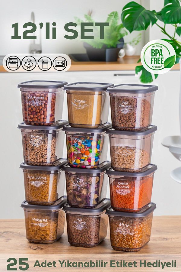 Porsima-1022 Rectangular Food Food Food Pulses Storage Container Set of 12 with Labeled Lid - 1.3 Lt 1