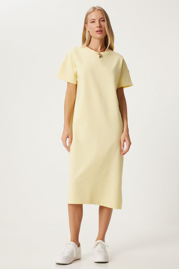 Happiness İstanbul-Gelbes Damenkleid aus gekämmter Baumwolle für den Sommer, UB00080 1