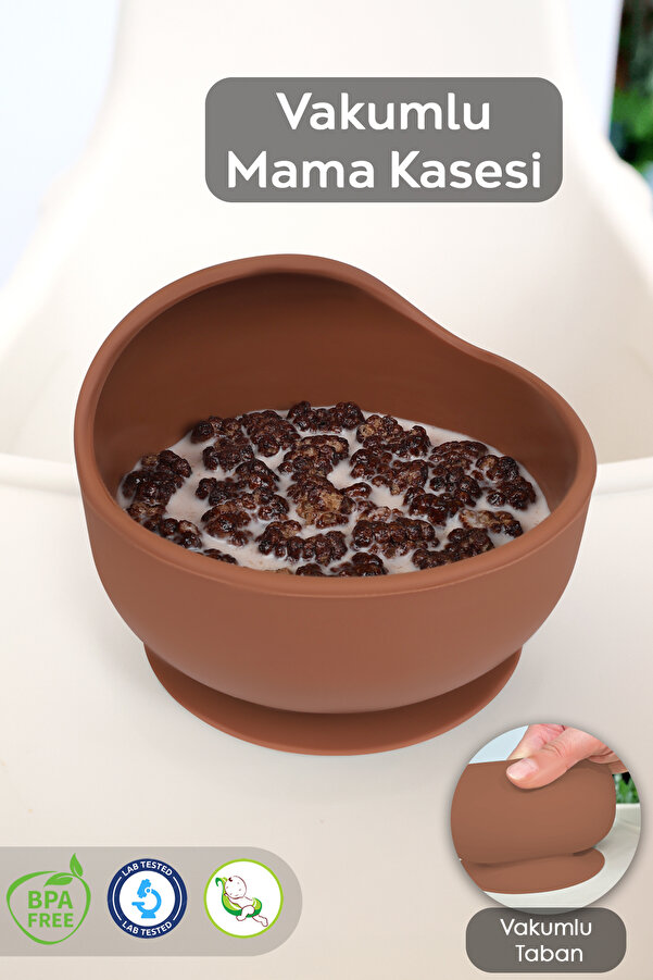 Meleni Baby Vakum Tabanlı Bebek Mama Kasesi - Vakumlu Oval Silikon Kase - Kahve