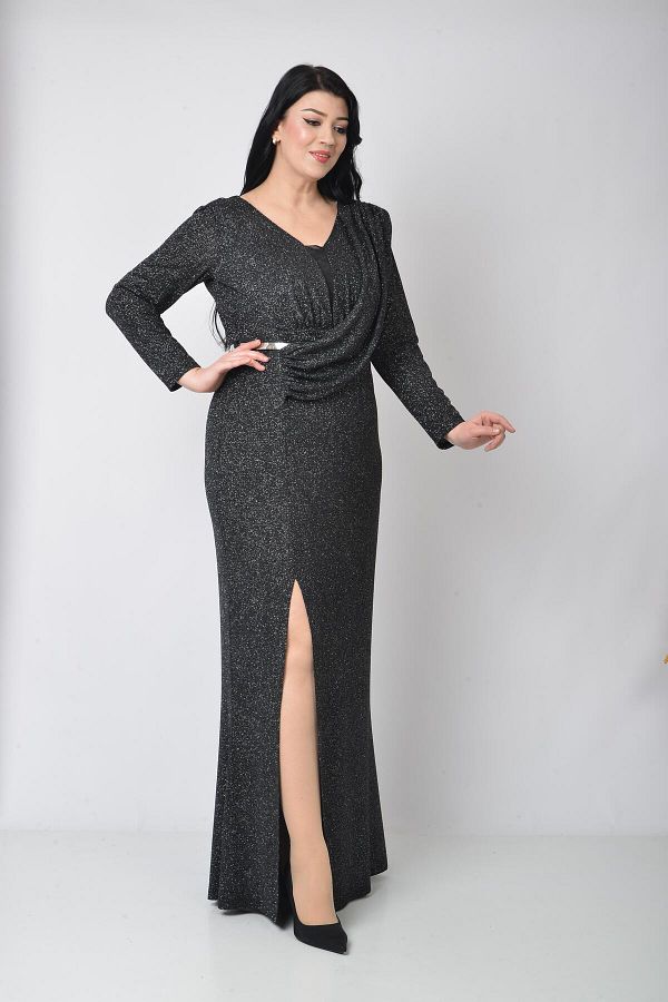 L LAS XXL Silver Colored Glittery Lycra Slit Detailed Plus Size Evening Dress Trendyol