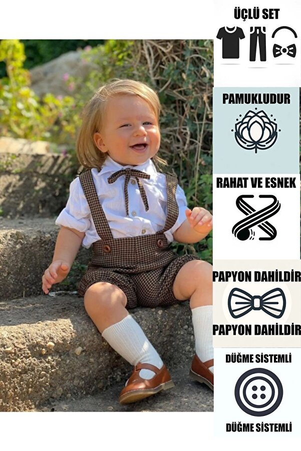 Ares Kids Fashion Kahverengi Salopet Kısa Gömlek Ve Papyon Çizgili Erkek Ve Kız Bayramlık Hediye Bebek Ve Çocuk Giyim