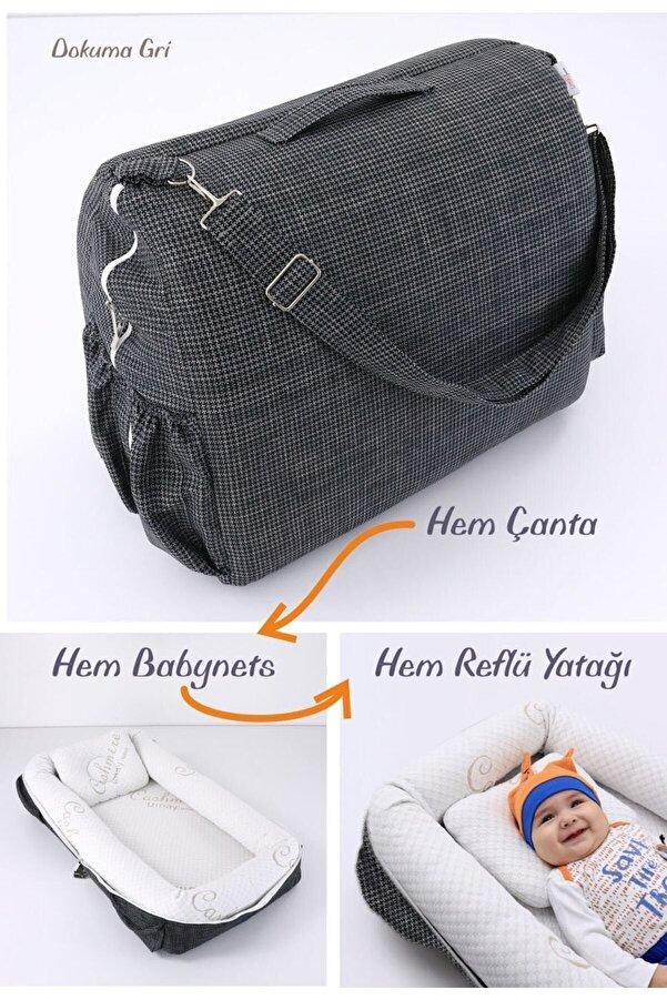 Umaybebek Çantalı Taşınabilir Orijinal Reflü Yatağı, Yastığı, Babynest, Anne Çantası - Dokuma Gri