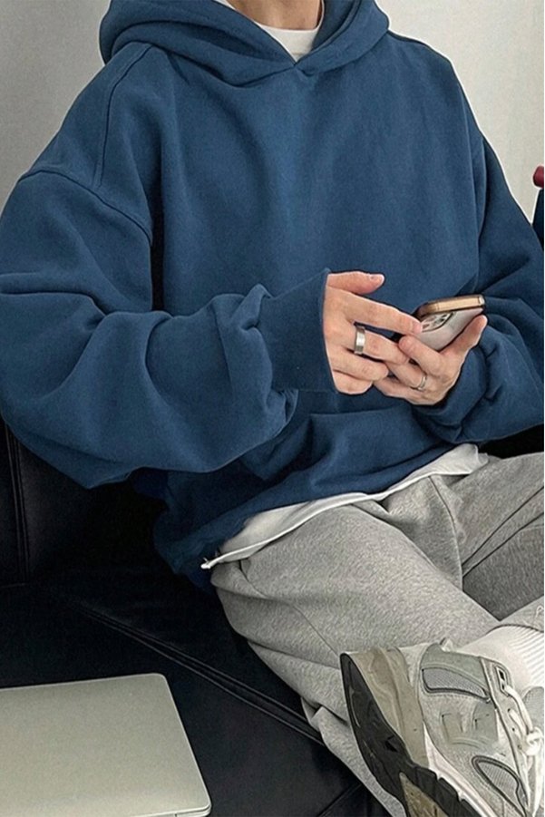 North London Men's Three Thread Hooded Three Thread Ribbed Indigo Sweatshirt