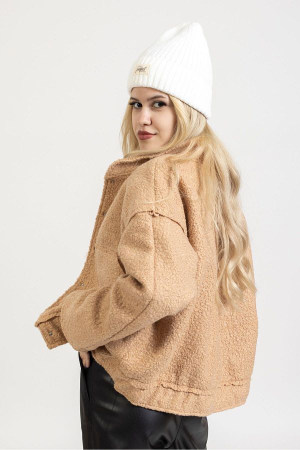 OlaFre Boucle Short Pocket Jacket Teddy Jacket Lined Short Thin Coat Short Coat Street Style Trendyol