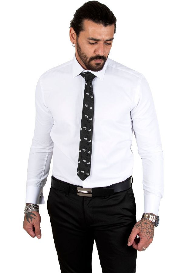 DeepSEA-Men's White Stand Collar Slim Fit Cut Cotton Satin Shirt2209615 1