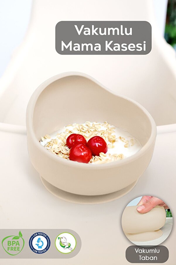 Meleni Baby Vakum Tabanlı Bebek Mama Kasesi - Vakumlu Oval Silikon Kase - Bej