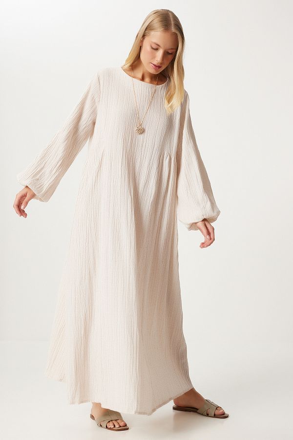 Happiness İstanbul-Cremefarbenes Musselin-Kleid mit Ballonärmeln – bequeme Passform DM00141 1