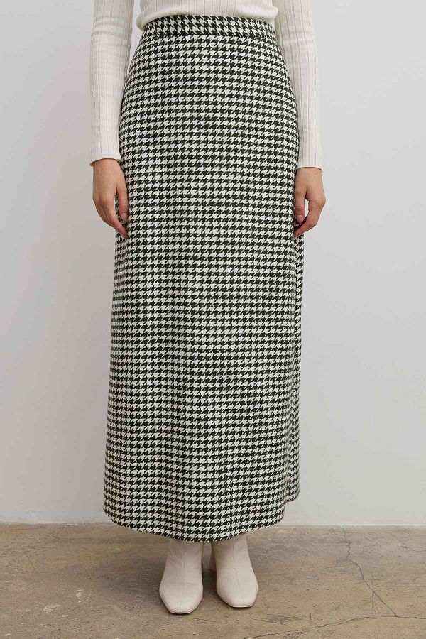 Fatma Atasoy Houndstooth Stamp Pencil Skirt Khaki Trendyol