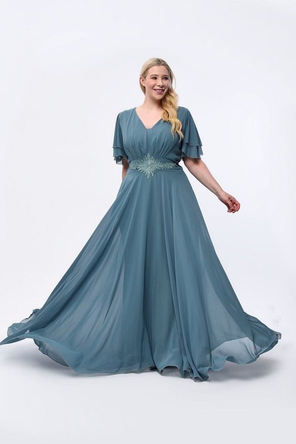 KIRI IK Plus SIze Sparkle ChIffon Long EvenIng Dress Pleated and Flowy RoBe 3045 Trendyol