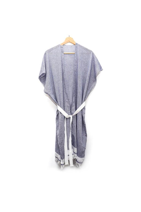 Missi-Gray Cotton White Belted Peshtemal Kimono 1