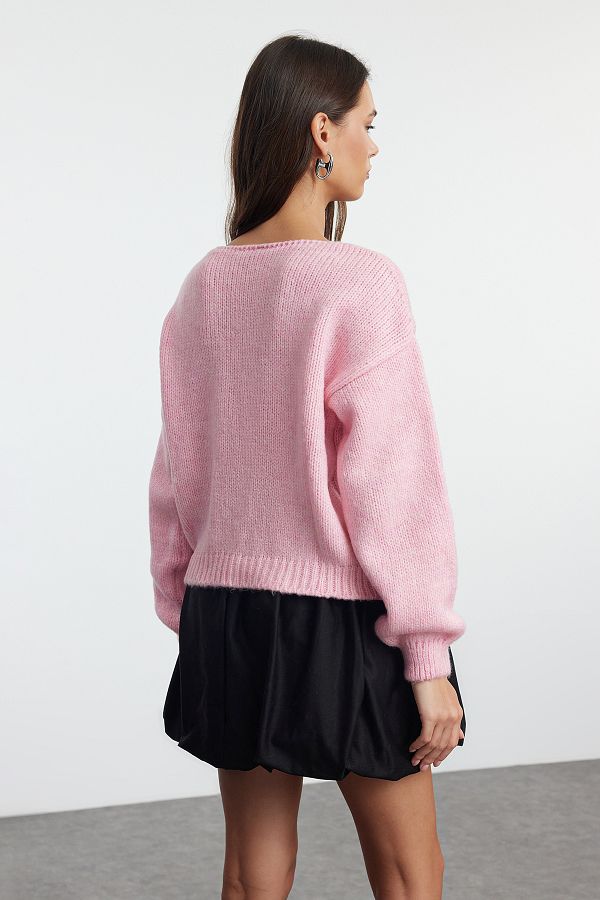 Trendyol Collection Light Blue Knitwear Cardigan Rose Detailed Twoaw25Hi00242