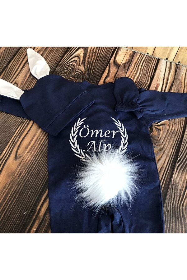 Bebek Çikolatası Isim Nakışlı Tavşanlı Bebek Tulum (lacivert)