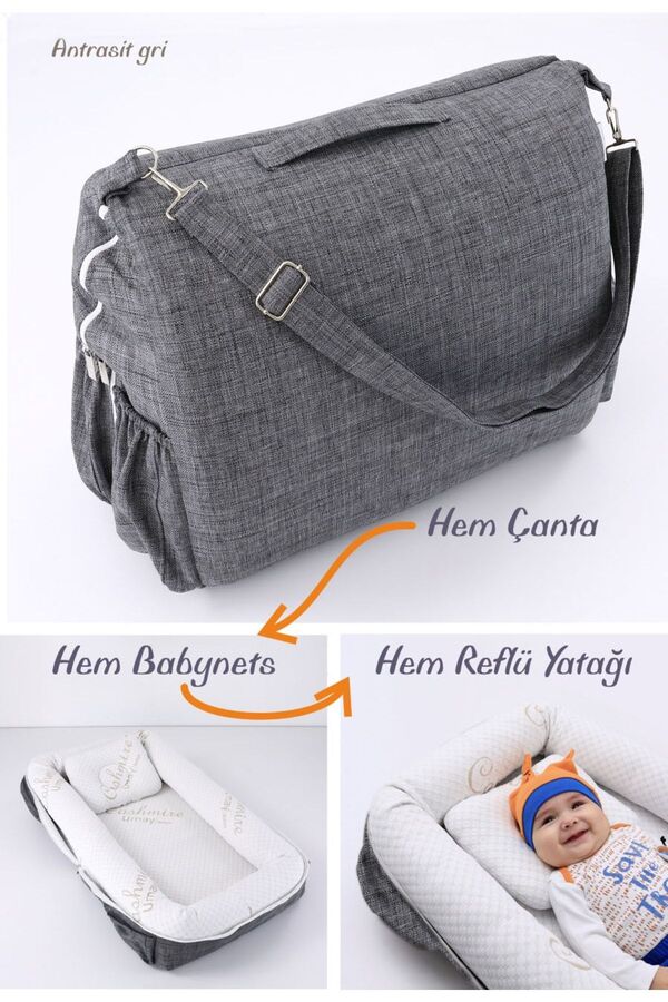 Umaybebek Umay Çantalı Taşınabilir Reflü Yatağı, Babynest, Anne Çantası - Antrasit