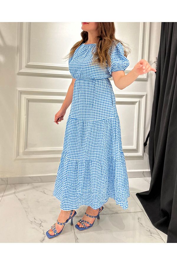 Pop Blue Seersucker Dress with Backless Trendyol