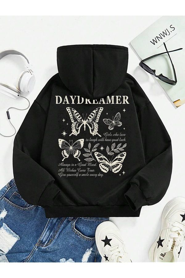 Afternoon Kids Girl s Black Hooded daydreamer Sweatshirt Back Printed Trendyol