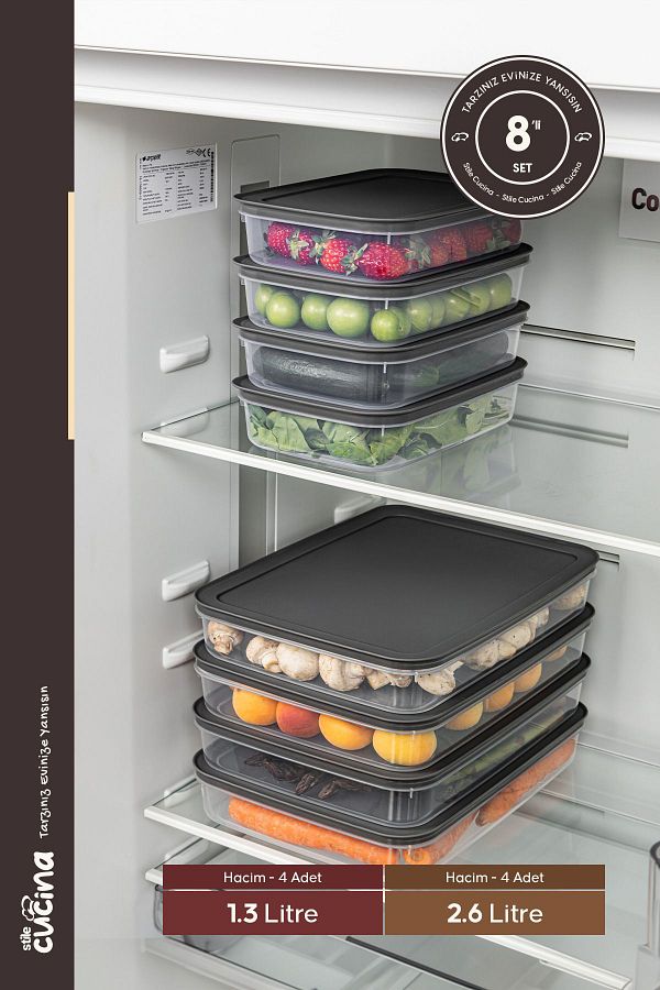 Stile Cucina-8 Pieces of Organizer with Doors - 4X2600 ml Refrigerator and Freezer 4X1300 ml Anthracite 1