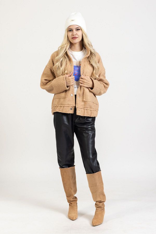 OlaFre Boucle Short Pocket Jacket Teddy Jacket Lined Short Thin Coat Short Coat Street Style Trendyol