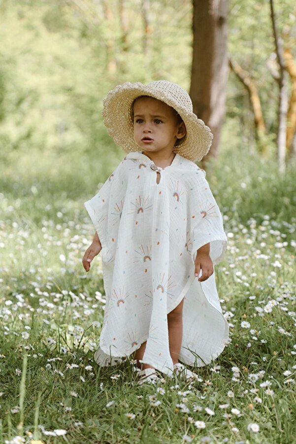 MELLS BABY Organik %100 Pamuk Müslin Kapüşonlu Plaj Çocuk Bebek Panço Bornoz Banyo Havlu