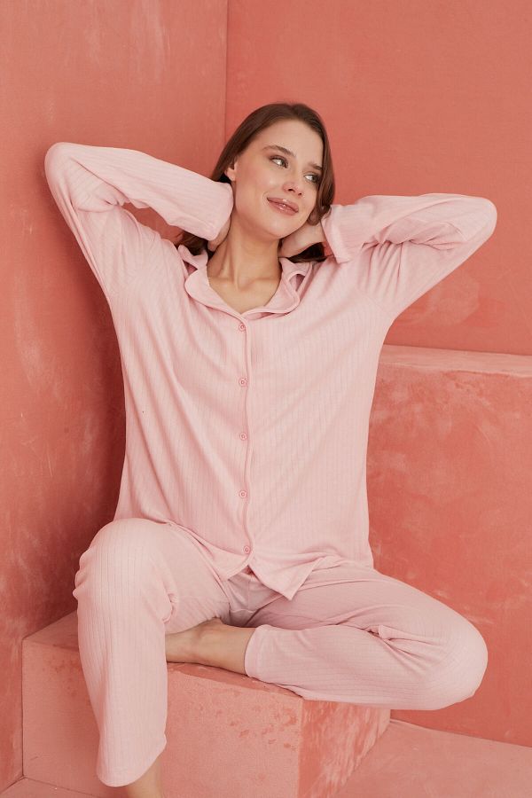ELİTOL-Pink Long Sleeve Interlock Knitted Pajama Set - Front Buttoned 1