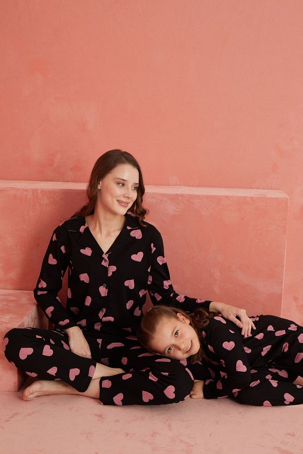 ELİTOL-Black Heart Patterned Long Sleeve Knitted Front Buttoned Pajama Set 1