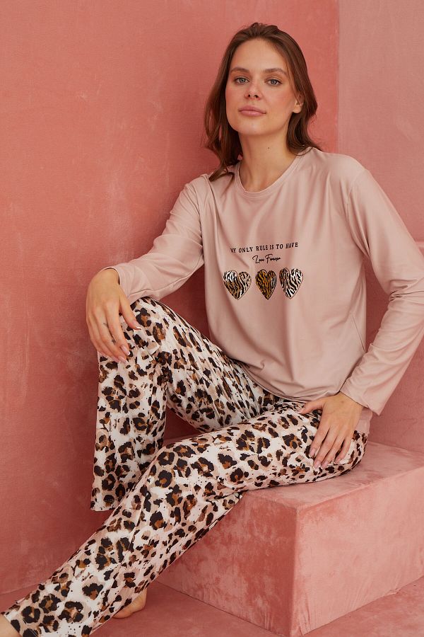 ELİTOL-Mink Printed Leopard Patterned Long Sleeve Knitted Pajamas Set 1