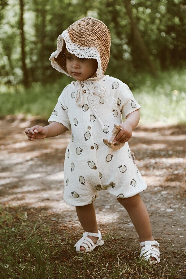 MELLS BABY Organik %100 Pamuk Elma Desenli Müslin Bebek Çocuk Tulumu