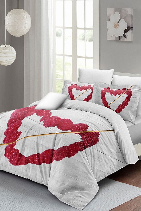 PerlaSera-3D Custom Design - Double Size Raspberry Heart Duvet Cover Set, Tight Woven Cotton Satin 1