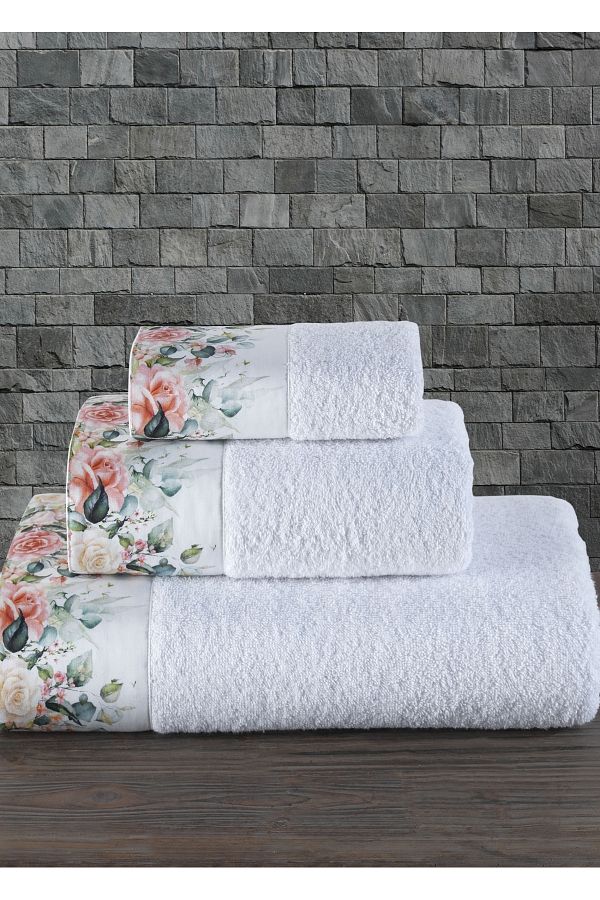 Dantela-Kod-9550 Set de prosoape de baie din bumbac alb, 3 piese 1
