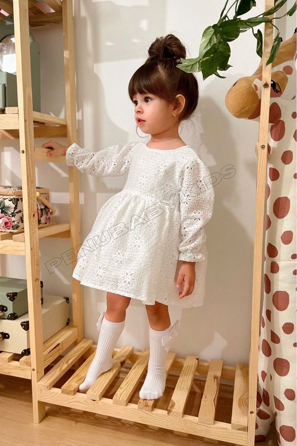 penu baby kids White Full Scalloped Long Sleeve Baby Girl Dress Diana Trendyol