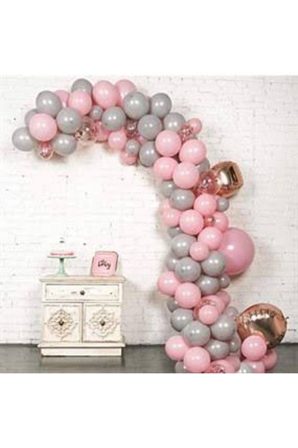 BalonEvi-50 بالونة باللون الوردي المعدني والفضي المعدني + سلسلة بالونات بطول 5 متر 1