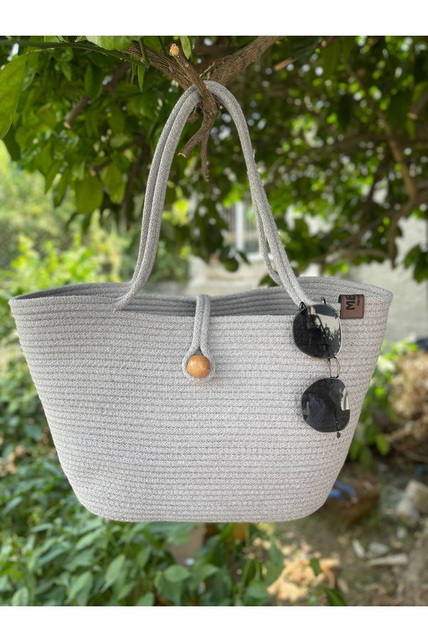 Metasupla Gray Unisex Jute Straw Look Beach Bag - Vegan Jute Handle Bag