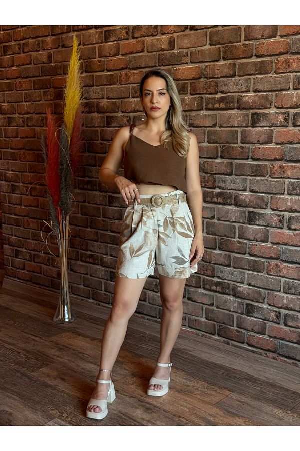 ayriss-Leaf Patterned Linen Shorts with Pockets - Straw Belt 1