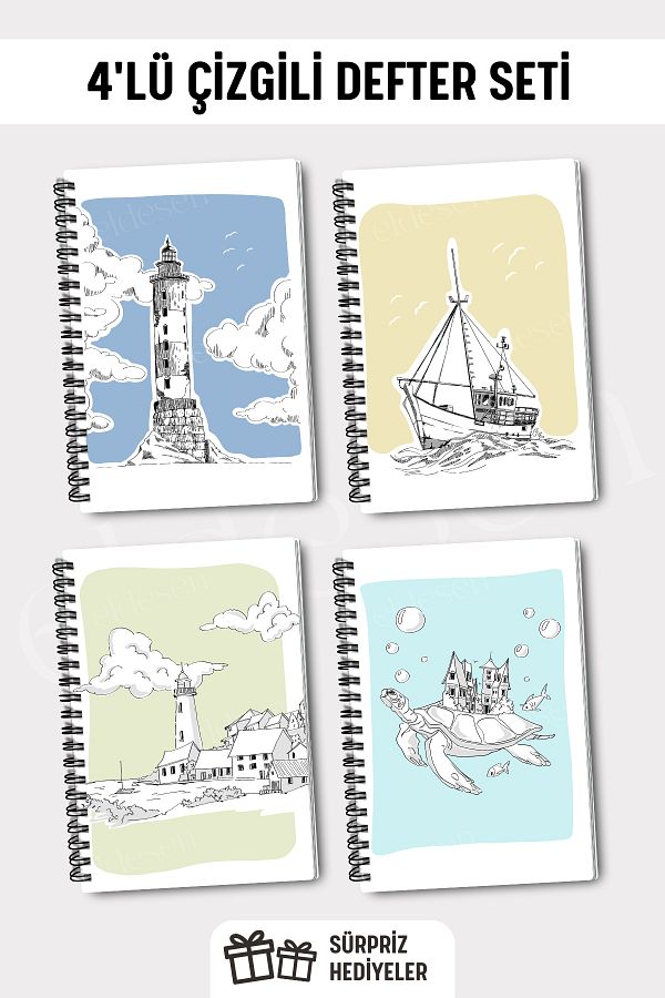Eldesen Tasarım-A5 Size Set of 4 - Spiraled Lined School Notebook, 50 Sheets and 100 Sheets 1
