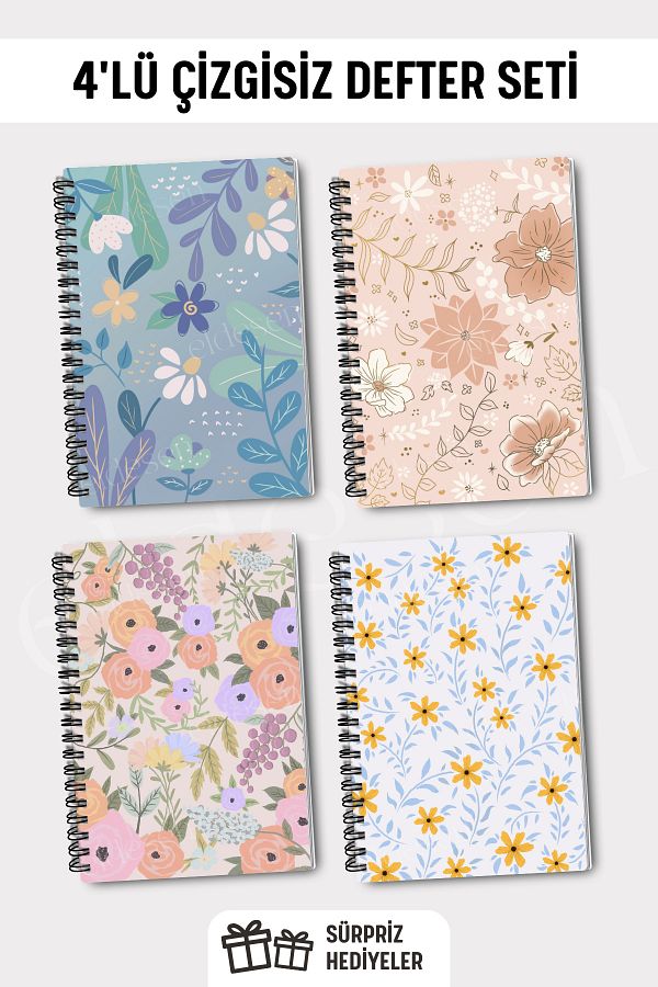 Eldesen Tasarım-A5 Size Set of 4 - Spiraled Unlined School Notebook, 50 Sheets 100 Sheets 1