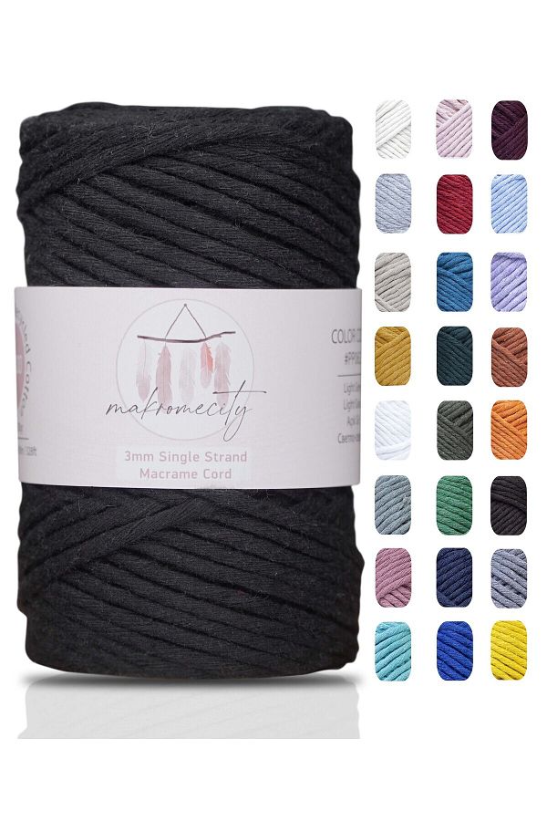 Makromecity-Scalloped Macrame Thread 3mm Scalloped Cotton Macrame Thread Macrame Thread Black 1