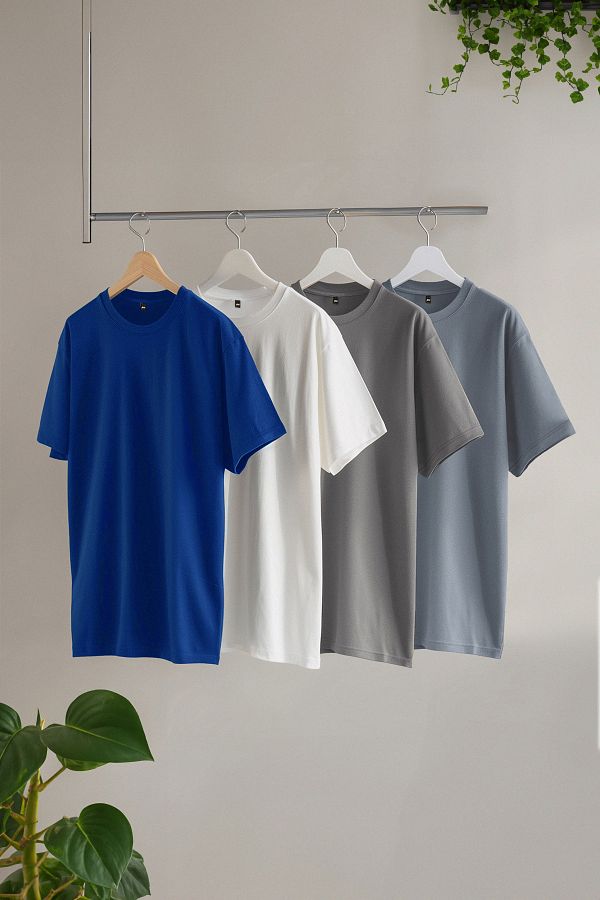 Trendyol Collection-Set mit 4 Slim-Fit-Basic-Baumwoll-T-Shirts in Blau-Grau-Nerz-Ecru – TMNSS24TS00262 1