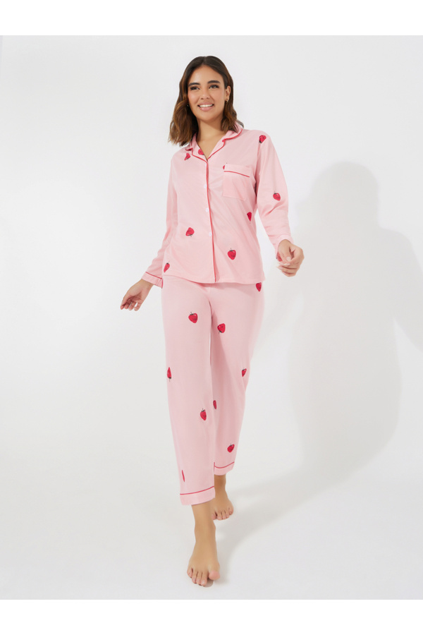 Take Two By Styli Strawberry Print Pocket Detail Shirt & Pyjama Set