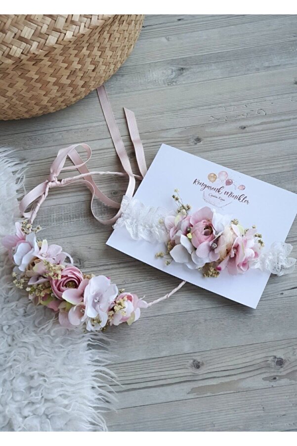 çiğdem kaya design Pudra Pembe Çicekli Anne Bebek Sadeli Lohusa Taç Takımı (hamile Taç)
