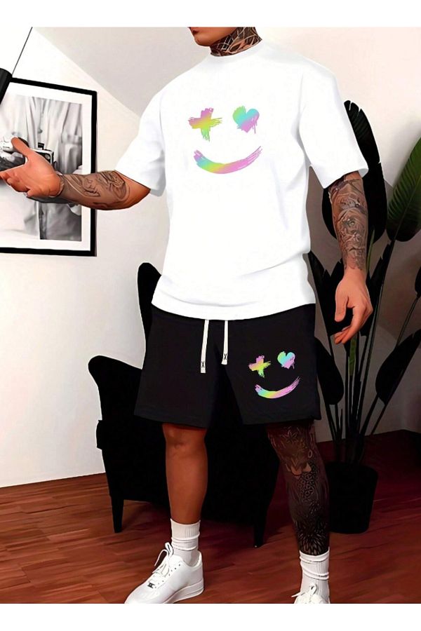 LA GULER-Smiling Face Patterned Unisex Summer Shorts and Oversize T-shirt - 30 1 Suprem Fabric 1