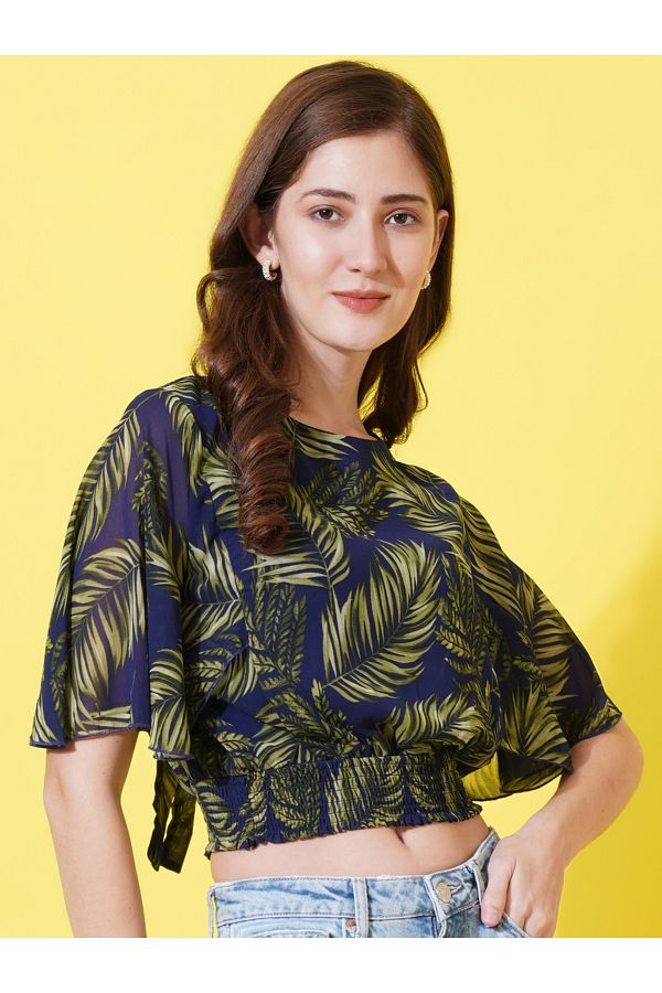 U F By Styli Tropical Print Crop Top with Tie Back Trendyol
