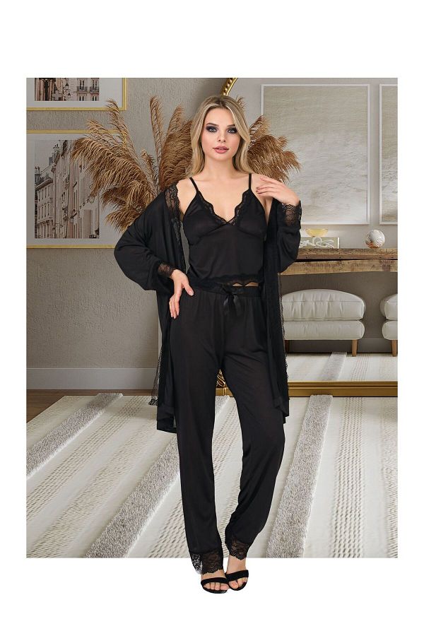Peille Sexy Black Women s Pajamas and Dressing Gown Set 3 Piece Elastic Suspender Nightgown Trendyol