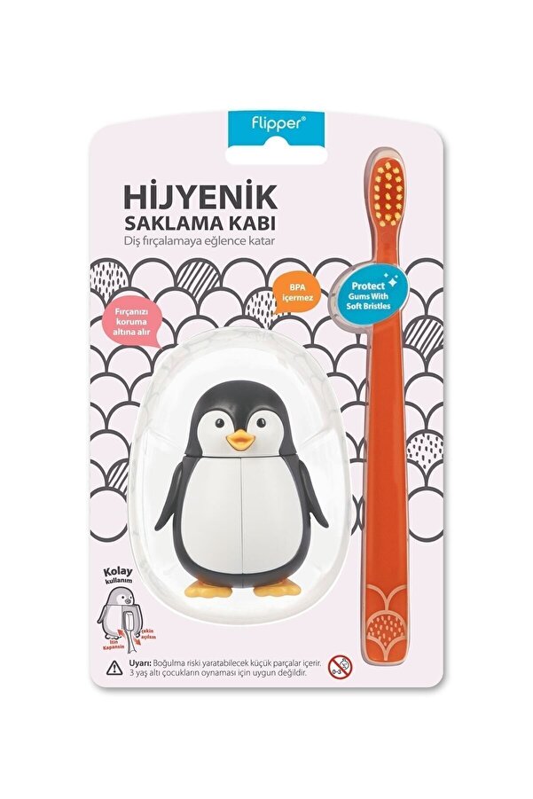 Flipper Hijyenik Fun Animal Saklama Kabı Ve Çocuk Diş Fırçası Seti - Penguen Figürlü