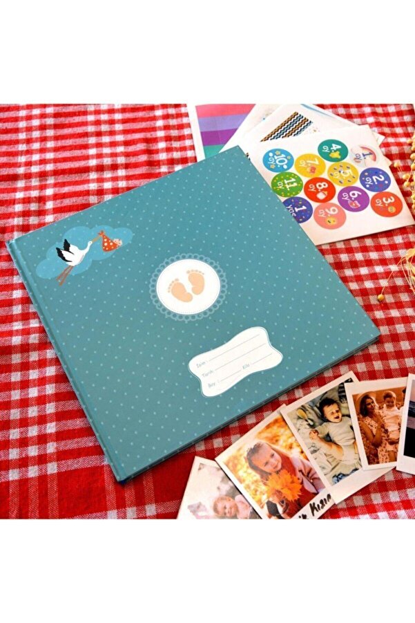 nilhediye Mavi Desenli Kendin Tasarla Bebek Anı Albüm Kitabı