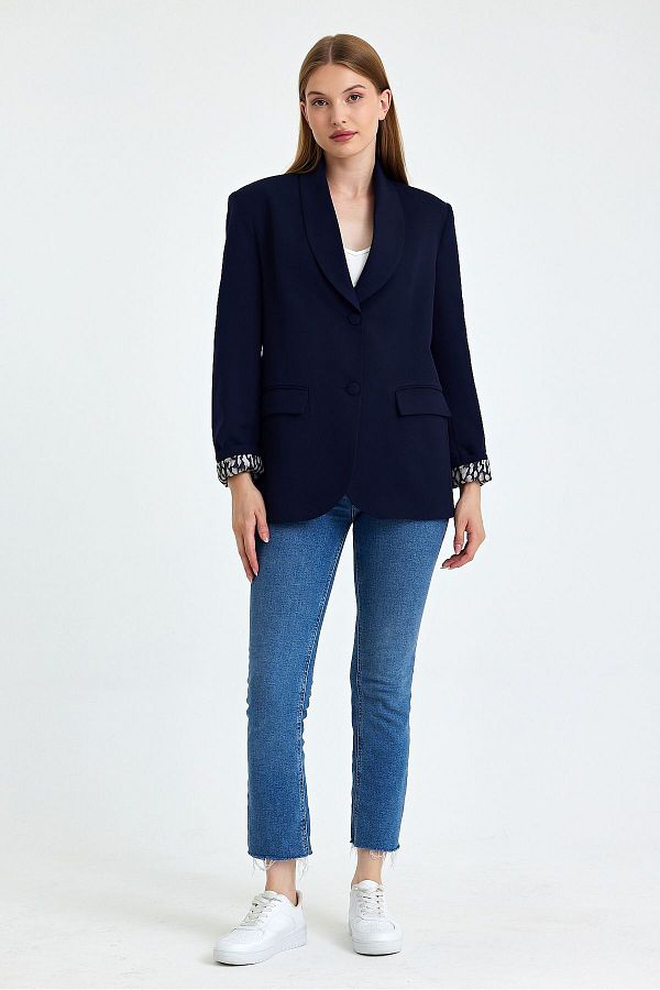 Safari-Navy Blue Oversize Lining Detailed Blazer Jacket 1