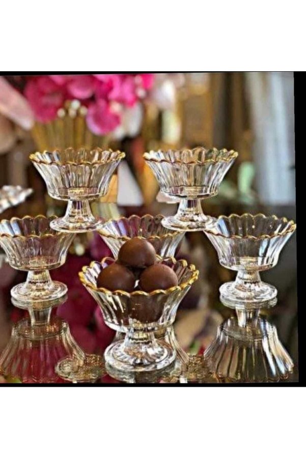 Rayan Evim Dekor Glassware Set of 6 Magnolia Footed Sugar Bowl with Gold Detail, Snack, Jam, Presentation Bowl