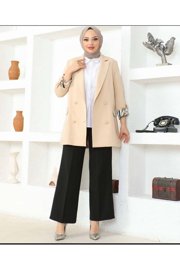 Famelin 24y102 Beige Blazer Jacket Sleeves and Inner Pattern 46 Models Trendyol