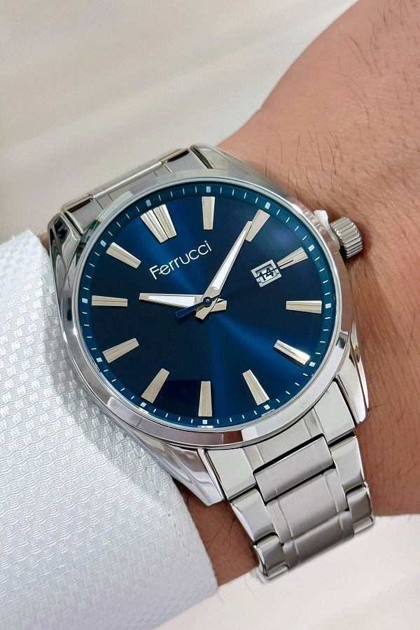 Ferrucci men s Wristwatch with Calendar Steel Cord and Case 3 ATm Water Resistant Silver blue Zmfer161 Trendyol