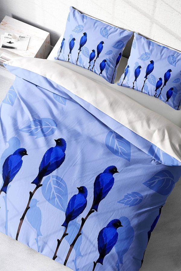 PerlaSera-3D Custom Design - Double Duvet Cover Set, Tightly Woven Cotton Satin, Blue Birds Natural 1