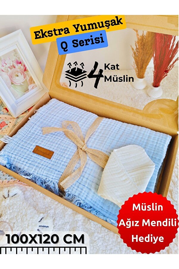 Tomuycuk 4 Kat Müslin Mavi Saçaklı Bebek Battaniyesi 100x120 Cm- %100 Pamuklu & Çok Amaçlı Battaniye