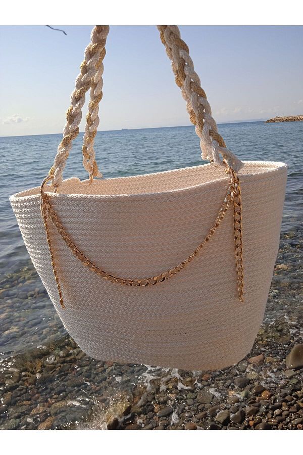 M R Hand Knitted Corded Straw Rope Bag Jute and Beach Bag Arm and Shoulder Bag Trendyol